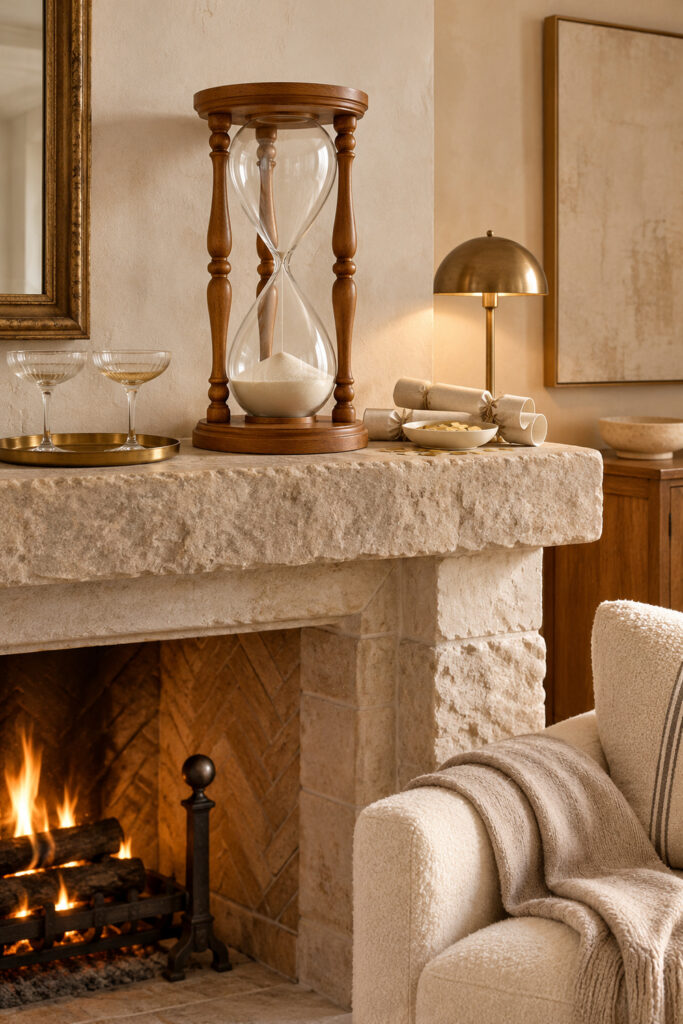 Large wooden hourglass on a stone mantel beside coupe glasses linen party crackers and a brass lamp
