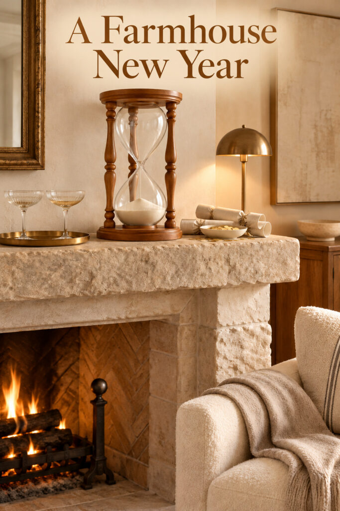 A Farmhouse New Year headline above a wooden hourglass and neutral celebration accents on a stone mantel