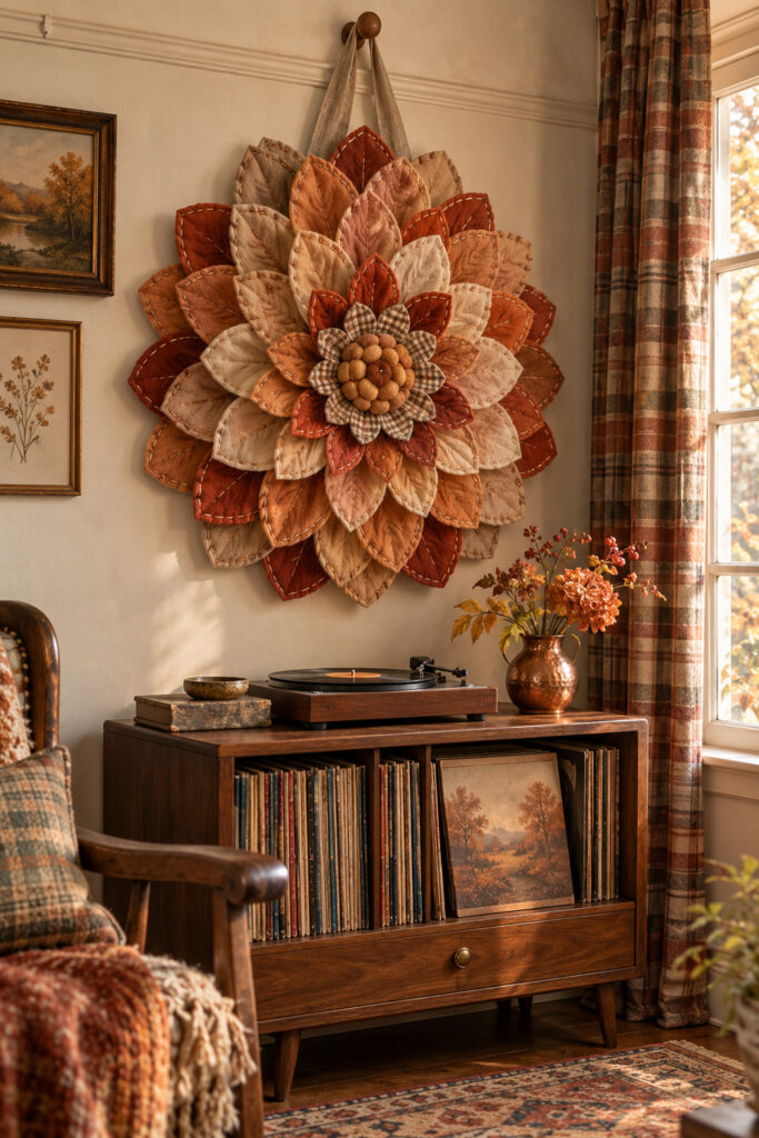 Large layered wool dahlia in rust apricot and oatmeal hanging above a wood record cabinet