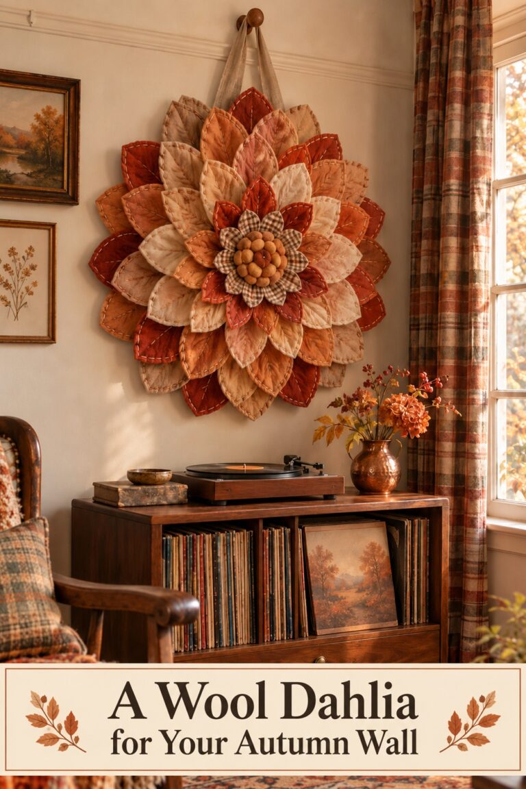 Large layered wool dahlia in rust apricot and oatmeal hanging above a wood record cabinet with text A Wool Dahlia for Your Autumn Wall