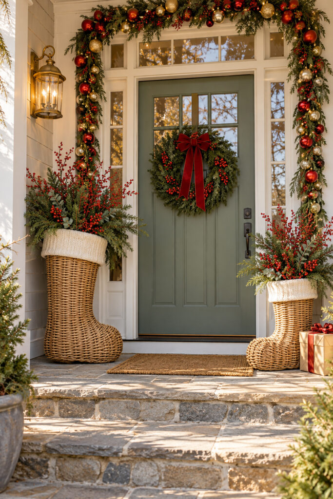 Two stocking shaped wicker containers with cream cuffs evergreen sprays and red berries flank a sage Christmas front door
