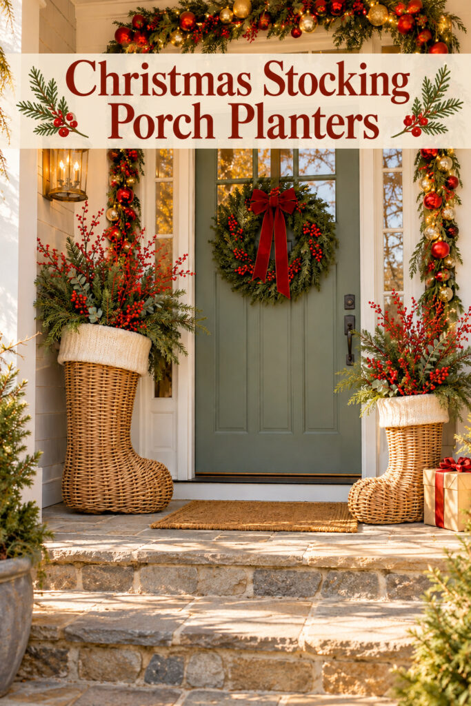 Christmas Stocking Porch Planters headline over woven stocking baskets and a wreath on a sage doorway