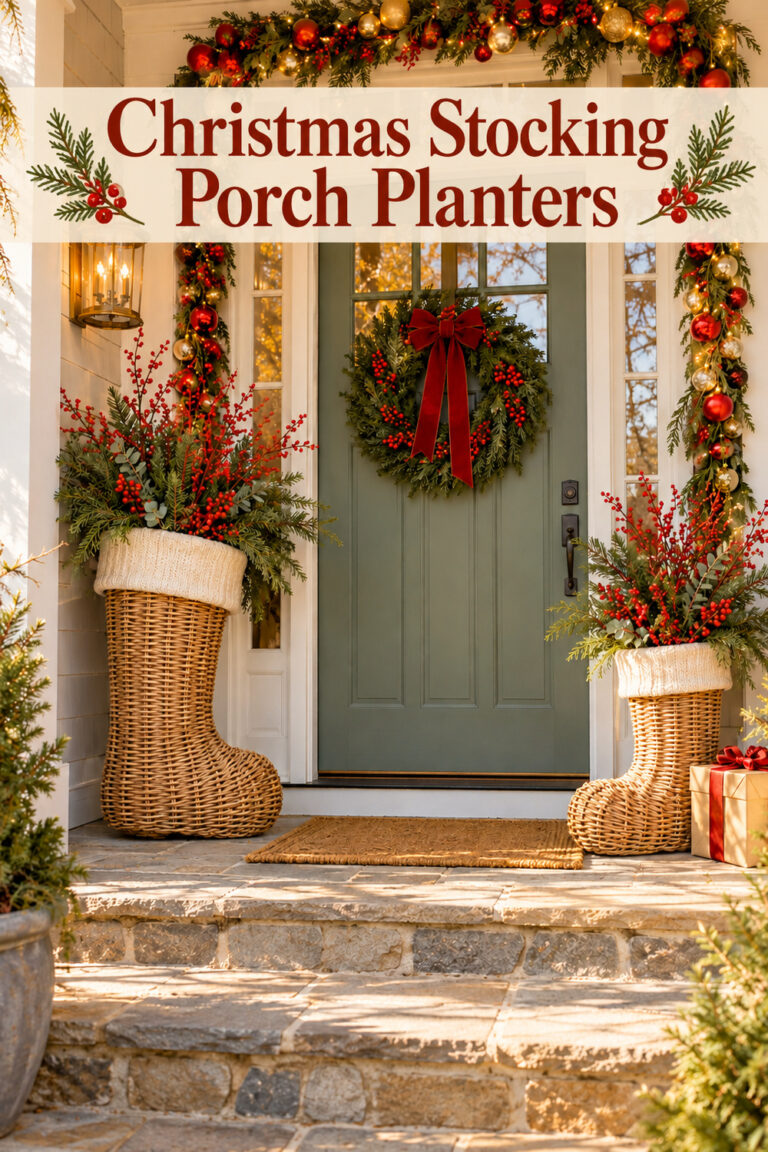 Christmas Stocking Porch Planters headline over woven stocking baskets and a wreath on a sage doorway