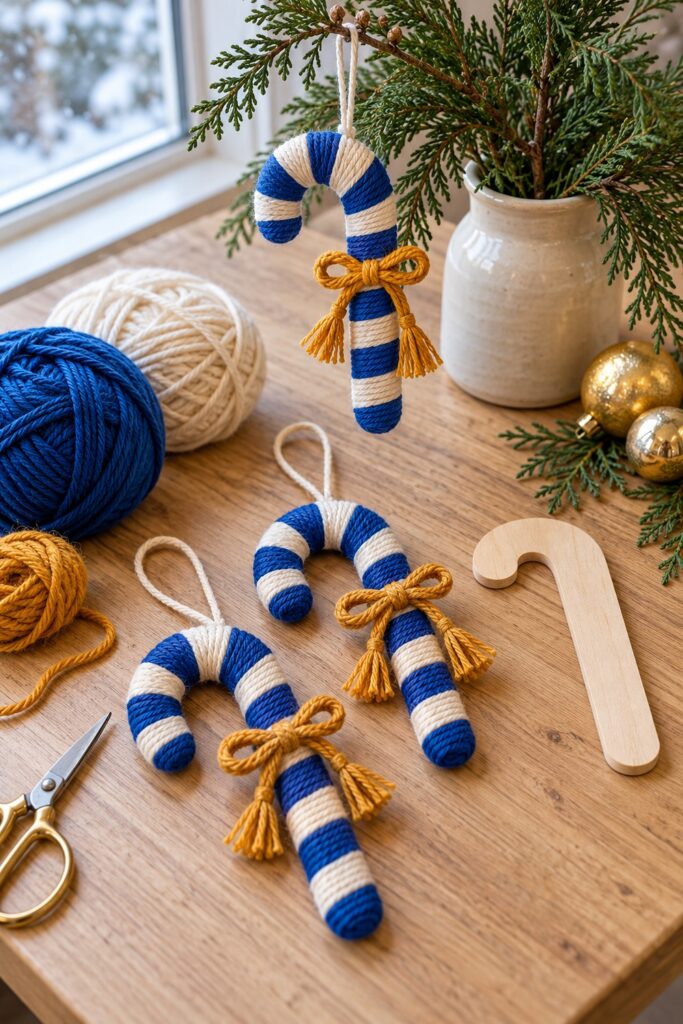 Blue and cream yarn wrapped candy cane ornaments with saffron tassel bows sit beside matching yarn scissors and a bare wooden blank