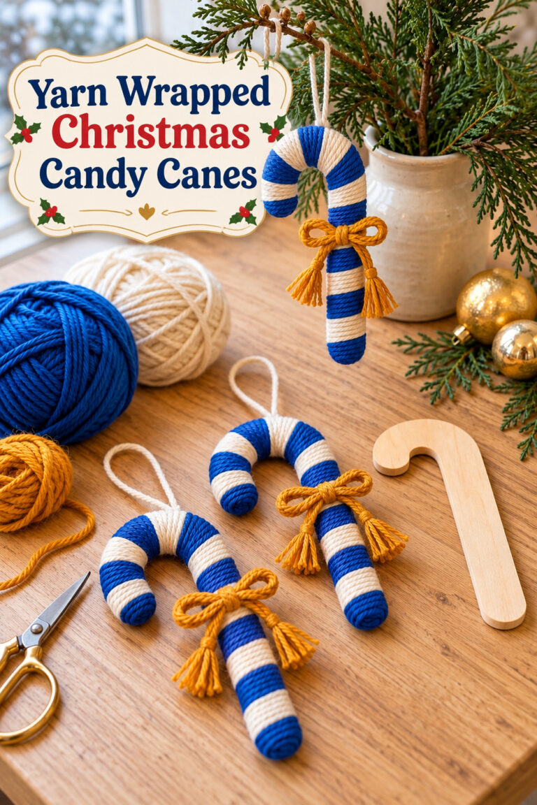 Yarn Wrapped Christmas Candy Canes text beside blue and cream striped ornaments with saffron bows and a bare wood blank