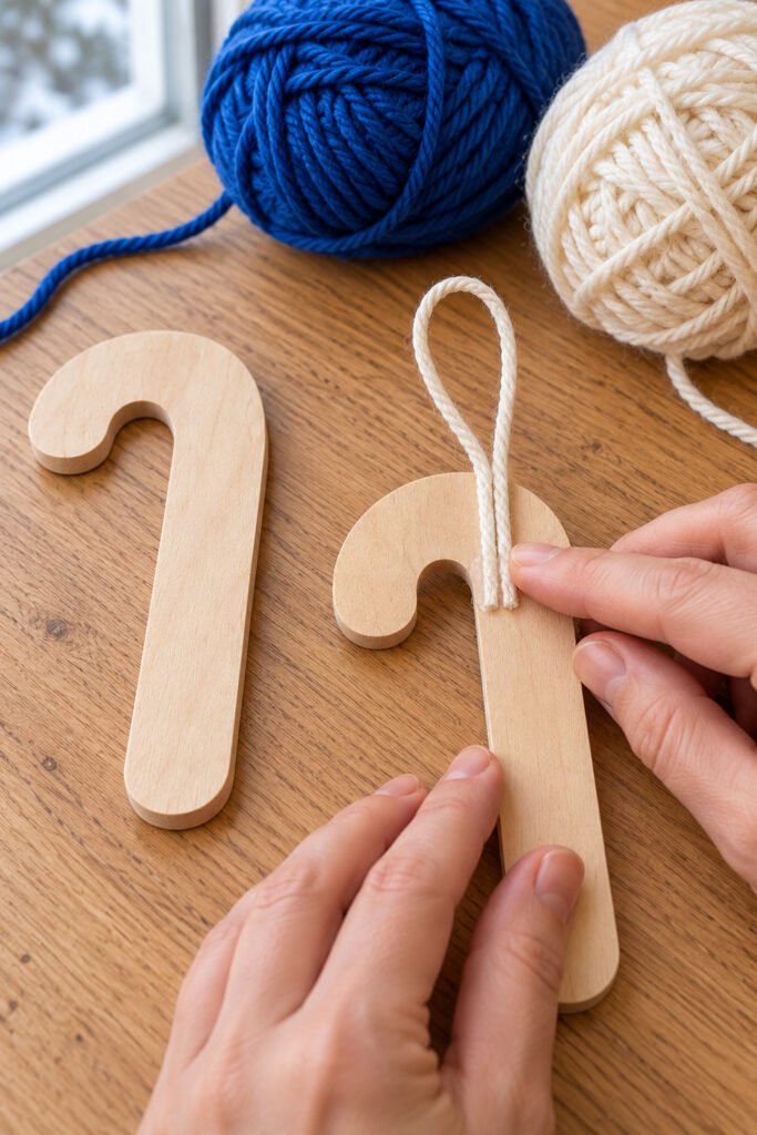 Hands press cream hanging cord ends onto the back of a bare wooden candy cane beside blue and cream yarn
