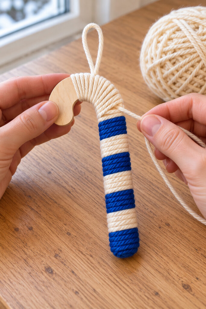 Hands guide cream yarn around the curve of a partly wrapped blue and cream candy cane with its wood tip still visible