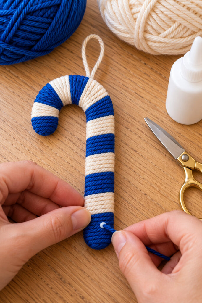 Fingers secure a blue yarn tail on the back of a fully wrapped striped candy cane beside craft glue and scissors
