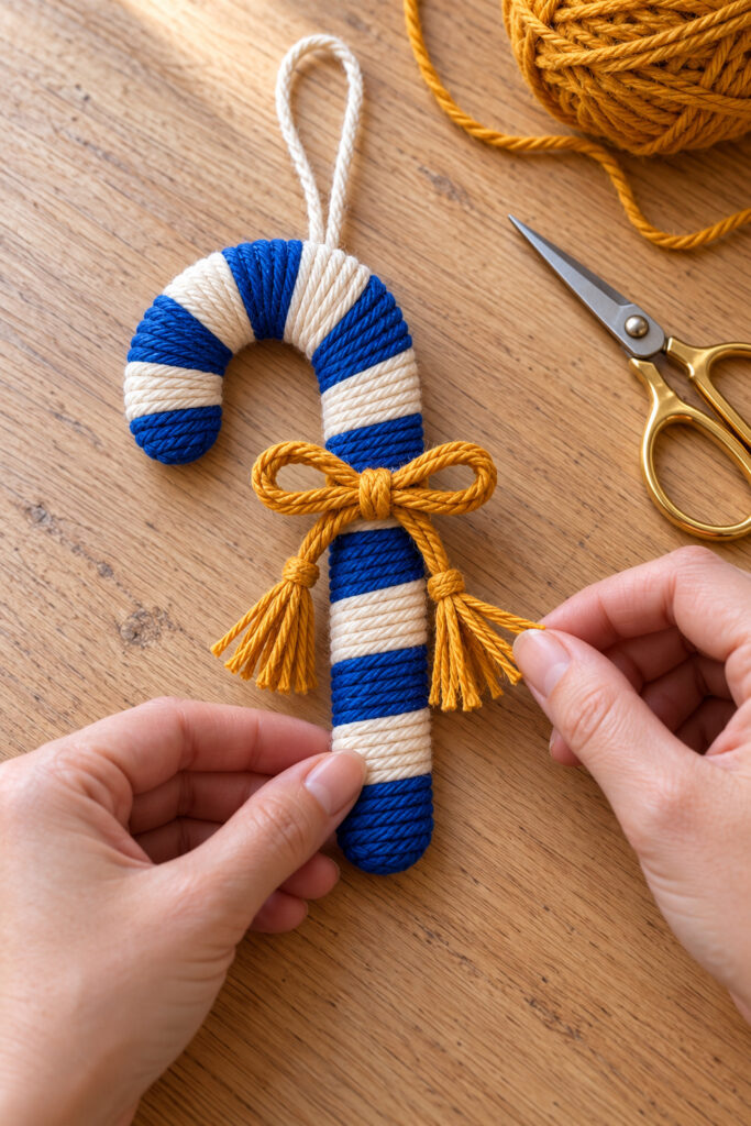 Fingers separate saffron yarn fibers below a stop knot on a bow tied to a blue and cream candy cane ornament